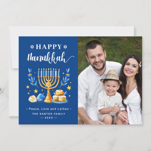 Happy Hanukkah Menorah Sufganiyah Dreidel Photo Holiday Card