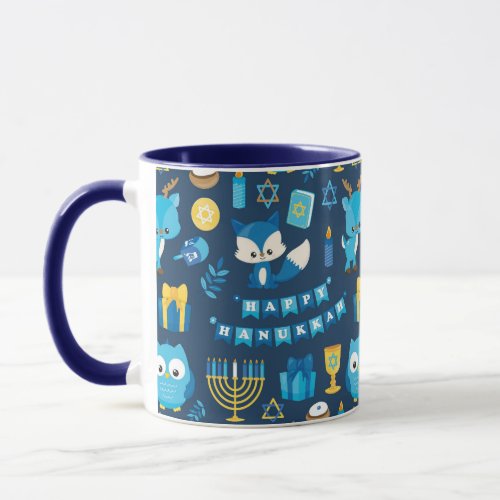 Happy Hanukkah Menorah Sufganiyot Cute Owl Blue Mug