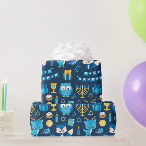 Happy Hanukkah Menorah Sufganiyot Cute Owl Gift Wrapping Paper