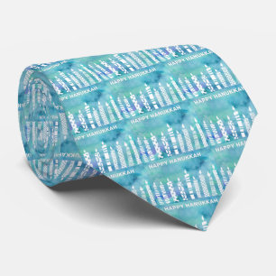 Happy Hanukkah Menorah Watercolor Blue Teal Neck Tie