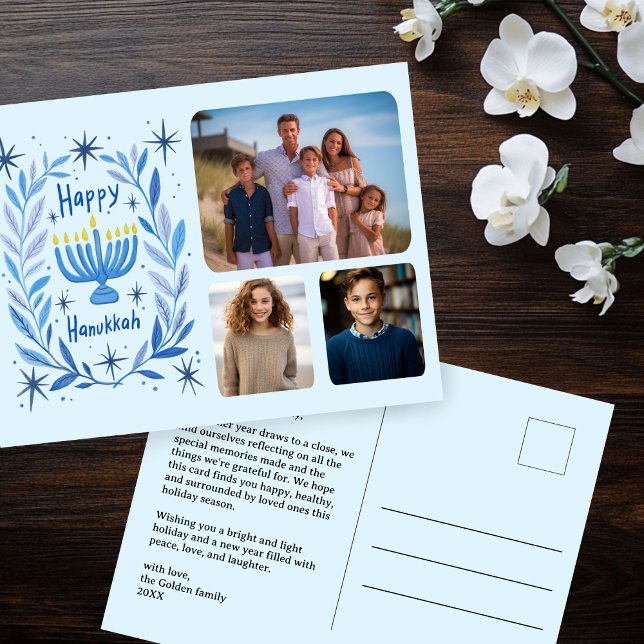 Happy Hanukkah Menorah Watercolor CUSTOM 3 Photos Holiday Postcard (Happy Hanukkah Menorah Watercolor CUSTOM 3 Photos Holiday Postcard
)