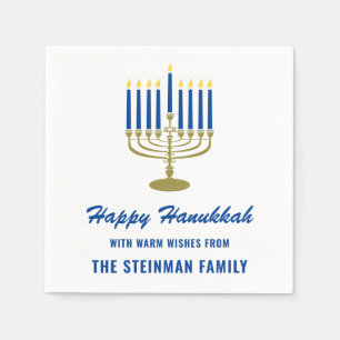 Happy Hanukkah Menorah White Blue Gold Family Name Napkins