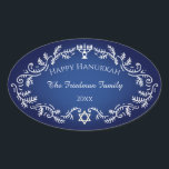 Happy Hanukkah Menorah White Festive Frame on Blue Oval Sticker<br><div class="desc">Leave the text or edit it to add your unique touch.  These Happy Chanukkah stickers feature a white festive frame and white lettering on a blue background.</div>