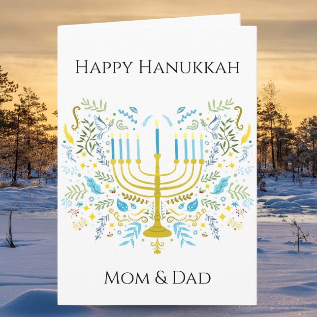 Happy Hanukkah Menorah with Flowers Mom & Dad Card (Creator Uploaded)
