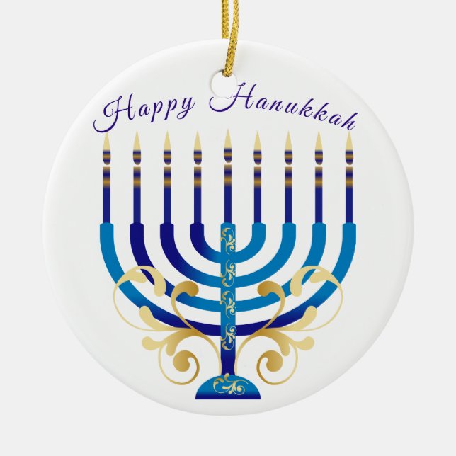 Happy Hanukkah menorah yellow gold candles Ceramic Ornament (Front)