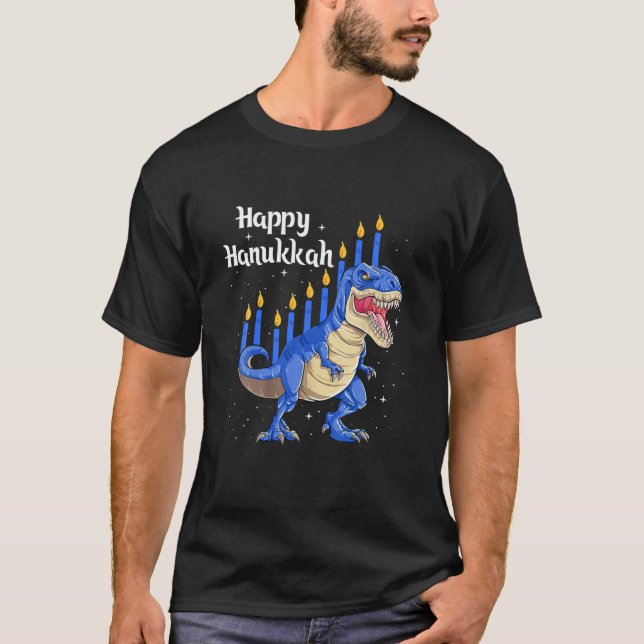 Happy Hanukkah Menorasaurus Rex Dinosaur Menorah C T-Shirt (Front)