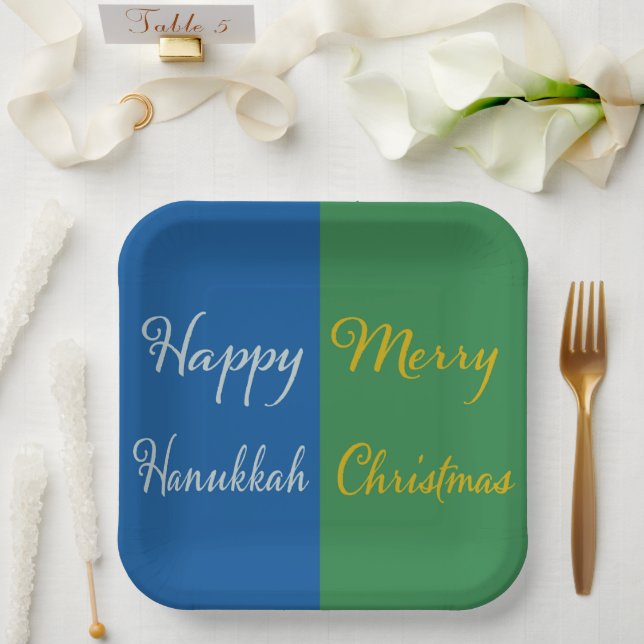 Happy Hanukkah Merry Christmas Dual Holiday Design Paper Plates (Wedding)