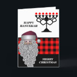 Happy Hanukkah & Merry Christmas Holiday Card<br><div class="desc">Happy Hanukkah & Merry Christmas Holiday Card features red buffalo plaid background  Menorah & a cute Santa face.The inside of the card has a personal message template.A perfect greeting card for Hanukkah & Christmas. Please click on personalize button to customize it with your own text.</div>