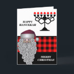 Happy Hanukkah & Merry Christmas Holiday Card<br><div class="desc">Happy Hanukkah & Merry Christmas Holiday Card features red buffalo plaid background  Menorah & a cute Santa face.The inside of the card has a personal message template.A perfect greeting card for Hanukkah & Christmas. Please click on personalize button to customize it with your own text.</div>
