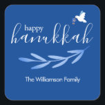 Happy Hanukkah | Modern Blue and White Hanukkah Square Sticker<br><div class="desc">Discover this striking blue and white "Happy Hanukkah" Script Classic Square Stickers with your family name,  available in 1.5-inch squares with 20 per sheet,  or in a larger 3-inch square 6 per sheet.</div>
