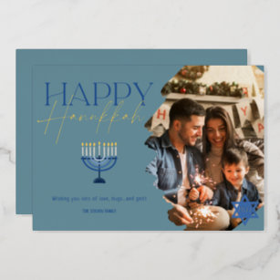 Happy Hanukkah modern blue script menorah photo Foil Holiday Card