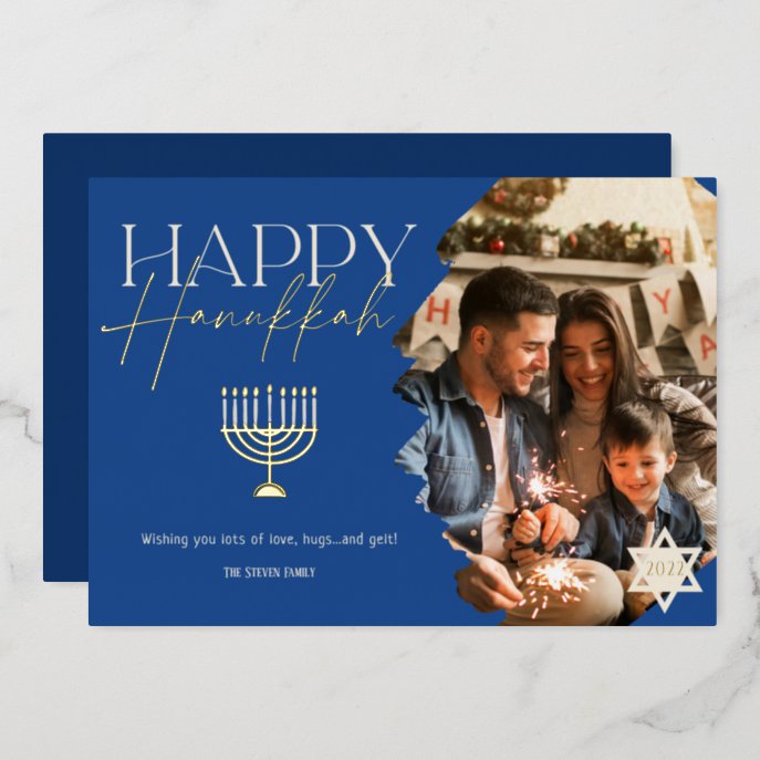 Happy Hanukkah modern blue script menorah photo                    Foil Holiday Card