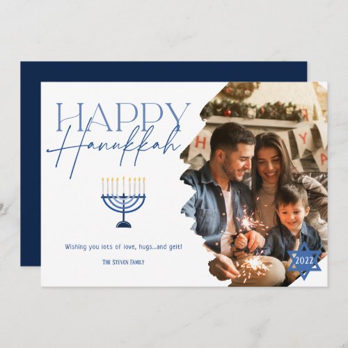 Happy Hanukkah modern blue script menorah photo Holiday Card