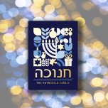 Happy Hanukkah Modern Greeting Gold Foil Holiday Card<br><div class="desc">Hanukkah / Chanukah Blue White and elegant real Gold Foil. Modern Geometric Pattern Card with Menorah, Dreidel, Donuts, Stars & Olive oil... Hebrew & Jewish Hanukkah Symbols Space to add your personalized text on the front & reverse. Happy Hanukkah wishes. Hebrew on the front says "Chanukah". This upscale, beautiful, look,...</div>