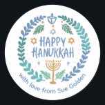 HAPPY HANUKKAH Modern Hand-Drawn Custom Whimsical  Classic Round Sticker<br><div class="desc">Perfect sticker for a Jewish celebration! Hand made art for you. FULLY CUSTOMIZABLE! Click "personalize" to change the text and "edit using design tool" to add text and adjust the colors and placements. THANK YOU FOR SUPPORTING INDEPENDENT ARTISTS! All artwork and designs are created by me. I love to draw...</div>