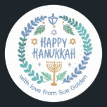HAPPY HANUKKAH Modern Hand-Drawn Custom Whimsical  Classic Round Sticker<br><div class="desc">Perfect sticker for a Jewish celebration! Hand made art for you. FULLY CUSTOMIZABLE! Click "personalize" to change the text and "edit using design tool" to add text and adjust the colors and placements. THANK YOU FOR SUPPORTING INDEPENDENT ARTISTS! All artwork and designs are created by me. I love to draw...</div>