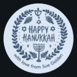 HAPPY HANUKKAH Modern Hand-Drawn Custom Whimsical  Classic Round Sticker<br><div class="desc">Perfect sticker for a Jewish celebration! Hand made art for you. FULLY CUSTOMIZABLE! Click "personalize" to change the text and "edit using design tool" to add text and adjust the colors and placements. THANK YOU FOR SUPPORTING INDEPENDENT ARTISTS! All artwork and designs are created by me. I love to draw...</div>