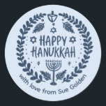 HAPPY HANUKKAH Modern Hand-Drawn Custom Whimsical  Classic Round Sticker<br><div class="desc">Perfect sticker for a Jewish celebration! Hand made art for you. FULLY CUSTOMIZABLE! Click "personalize" to change the text and "edit using design tool" to add text and adjust the colors and placements. THANK YOU FOR SUPPORTING INDEPENDENT ARTISTS! All artwork and designs are created by me. I love to draw...</div>