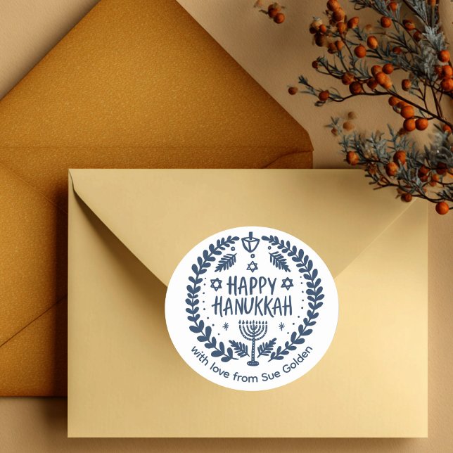HAPPY HANUKKAH Modern Hand-Drawn Custom Whimsical  Classic Round Sticker (HAPPY HANUKKAH Modern Hand-Drawn Custom Whimsical Classic Round Sticker
)