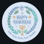 HAPPY HANUKKAH Modern Hand-Drawn Custom Whimsical  Classic Round Sticker<br><div class="desc">Perfect sticker for a Jewish celebration! Hand made art for you. FULLY CUSTOMIZABLE! Click "personalize" to change the text and "edit using design tool" to add text and adjust the colors and placements. THANK YOU FOR SUPPORTING INDEPENDENT ARTISTS! All artwork and designs are created by me. I love to draw...</div>