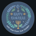 HAPPY HANUKKAH Modern Hand-Drawn Cute Whimsical  Classic Round Sticker<br><div class="desc">Perfect sticker for a Jewish celebration! Hand made art for you. FULLY CUSTOMIZABLE! Click "personalize" to change the text and "edit using design tool" to add text and adjust the colors and placements. THANK YOU FOR SUPPORTING INDEPENDENT ARTISTS! All artwork and designs are created by me. I love to draw...</div>