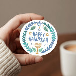 HAPPY HANUKKAH Modern Hand-Drawn Cute Whimsical  Classic Round Sticker<br><div class="desc">Perfect sticker for a Jewish celebration! Hand made art for you. FULLY CUSTOMIZABLE! Click "edit using design tool" to add text and adjust the colors and placements. THANK YOU FOR SUPPORTING INDEPENDENT ARTISTS! All artwork and designs are created by me. I love to draw and paint! Thanks for shopping with...</div>