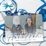 Happy Hanukkah Modern Handwriting Script Photo Hol Holiday Card<br><div class="desc">A simple and modern holiday card featuring a full bleed photo and 'Happy Hanukkah' greeting in a trendy dark navy blue calligraphy handwriting script at the bottom on a white gradient photo overlay. A geometric star of david white pattern on a neutral taupe background fills the back of the card....</div>