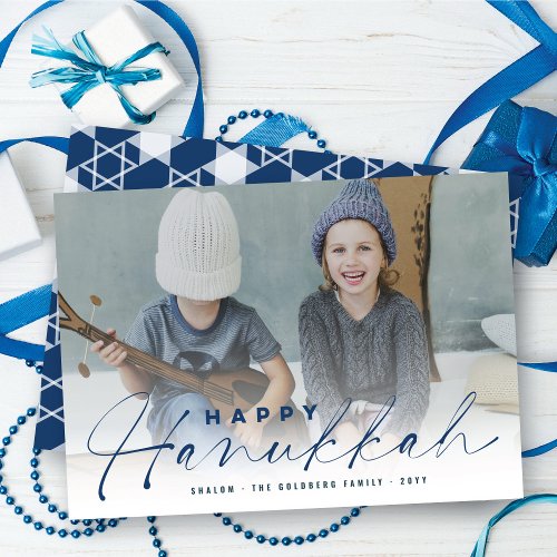 Happy Hanukkah Modern Handwriting Script Photo Hol Holiday Card