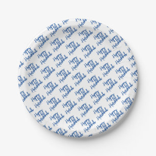 Happy Hanukkah Modern Holiday Typography Blue Paper Plates