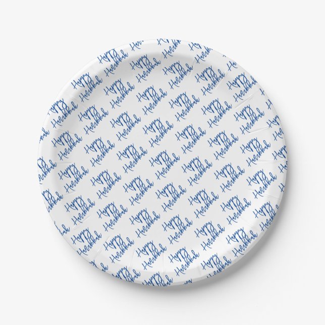 Happy Hanukkah Modern Holiday Typography Blue Paper Plates (Front)