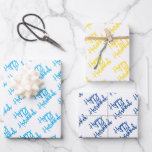 Happy Hanukkah Modern Holiday Typography  Wrapping Paper Sheets<br><div class="desc">Cursive Typography on white background with HAPPY HANUKKAH in blue,  golden yellow,  bright blue combination. Gift Wrap for ANY Jewish Holiday events. Modern,  Colorful,  Fun. Mix and match entire Christmas / Holiday Collections by TMCdesigns.</div>