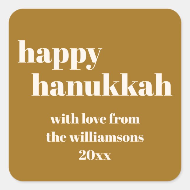 Happy Hanukkah Modern Honey Gold Personalized Square Sticker (Front)