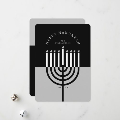 Happy Hanukkah Modern Menorah Candle Black  Grey Holiday Card