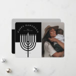 Happy Hanukkah Modern Menorah Candle Family Photo  Holiday Card<br><div class="desc">Happy Hanukkah, send your Hanukkah wishes to your family and friends with our beautiful and modern customizable photo Hanukkah holiday card. Our design features our modern menorah candle. A modern black and grey color palette is used. "Happy Hanukkah" is written in a modern font and arch around the menorah candle....</div>