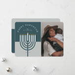Happy Hanukkah Modern Menorah Candle Family Photo Holiday Card<br><div class="desc">Happy Hanukkah, send your Hanukkah wishes to your family and friends with our beautiful and modern customizable photo Hanukkah holiday card. Our design features our modern menorah candle. A modern teal blue and grey-blue color palette are used. "Happy Hanukkah" is written in a modern font and arch around the menorah...</div>