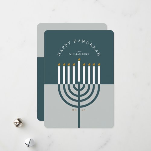 Happy Hanukkah Modern Menorah Candle Teal Blue Holiday Card