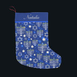 Happy Hanukkah Modern Menorah Personalized Name Small Christmas Stocking<br><div class="desc">This Hanukkah holidays design features a sparkling blue background with menorah and star of David overlay. Personalize with your name by editing the text in the text boxes provided. #hanukkah #chanukah #holidays #seasonal #festive #modern #blue #menorah #starofdavid #jewish #stylish #elegant #chic #pattern #personalized #personalised #custom #addyourown #gifts #stockings #hanukkahdecor #decor...</div>