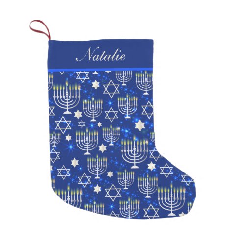 Happy Hanukkah Modern Menorah Personalized Name Small Christmas Stocking