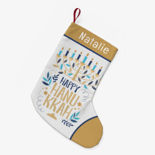 Happy Hanukkah Modern Menorah Personalized Name Small Christmas Stocking