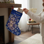 Happy Hanukkah Modern Menorah Personalized Name Small Christmas Stocking<br><div class="desc">Happy Hanukkah Modern Menorah Personalized Name Small Christmas Stocking. This Hanukkah holidays design features a sparkling blue background with menorah and star of David overlay. Personalize with your name by editing the text in the text boxes provided. Created by Evco Holidays www.zazzle.com/store/evcoholidays</div>