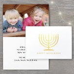 Happy Hanukkah Modern Minimalist Menorah One Photo Foil Card<br><div class="desc">Wish family and friends the simple gifts of light and love for Hanukkah with an elegant custom photo folded card. All text on this template (including "Happy Hanukkah" on front) is simple to customize with any wording. The black, white and gold foil design features modern minimalist typography, a menorah with...</div>