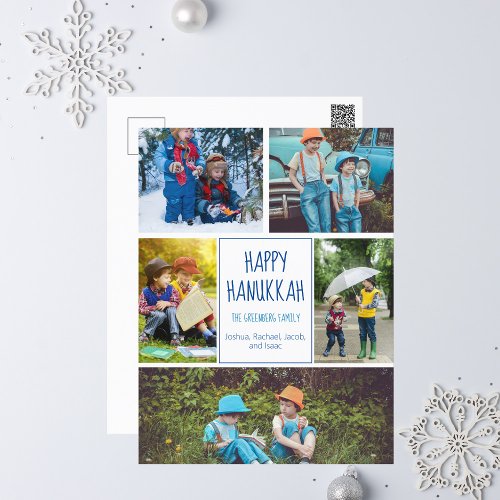 Happy Hanukkah Modern Photo Collage Cute Blue Postcard