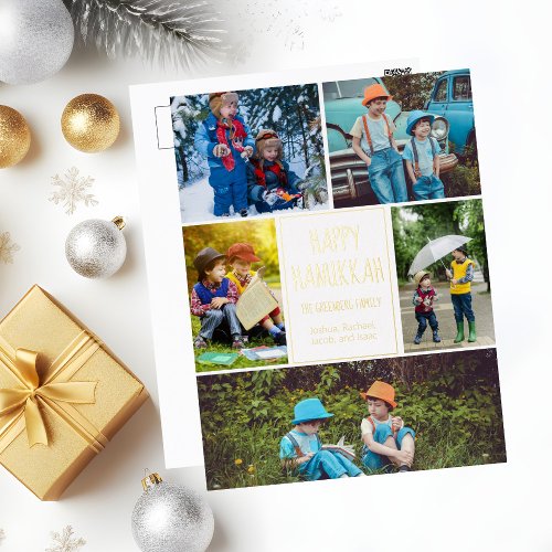 Happy Hanukkah Modern Photo Collage Elegant Gold Foil Holiday Postcard