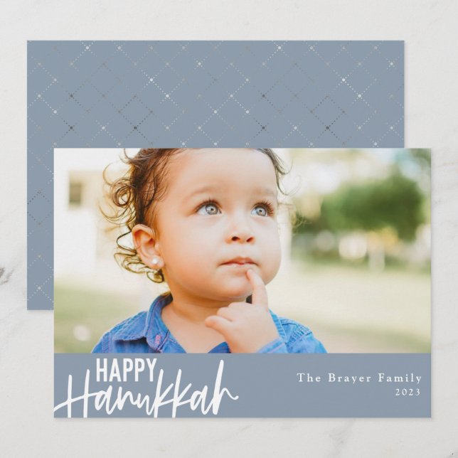 Happy Hanukkah Modern Photo Dusty Blue Holiday Card (Front/Back)