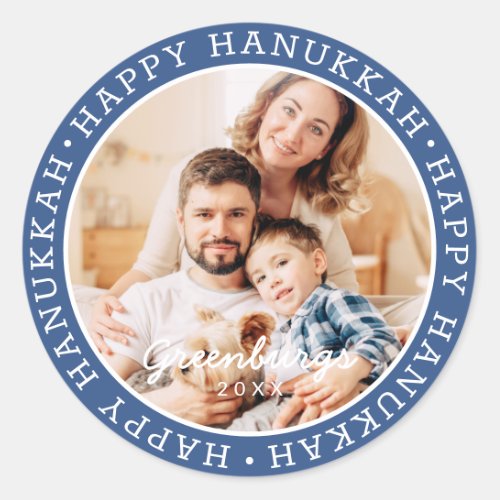 Happy Hanukkah Modern Preppy Custom Family Photo Classic Round Sticker