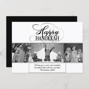 Happy Hanukkah Modern Script Black White 3 Photo Holiday Card