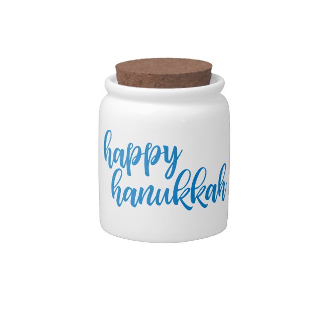 Happy Hanukkah Modern Script Lettering in Blue Candy Jar (Front)