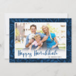 Happy Hanukkah Modern Script Photo Holiday Card<br><div class="desc">This simple Hanukkah greeting card offers a horizontal photo with a dark blue botanical leaves border. The design is accented with the greeting "Happy Hanukkah" appearing in dark blue calligraphy.</div>