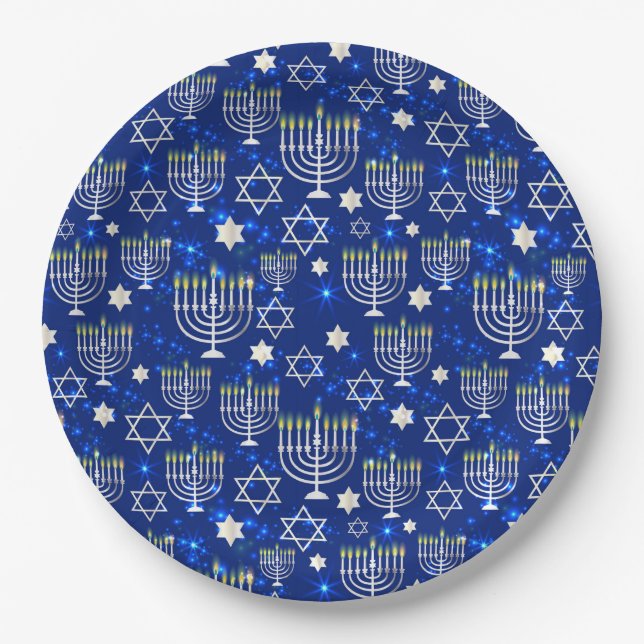 Happy Hanukkah Modern Star Of David Menorah Paper Plates (Front)