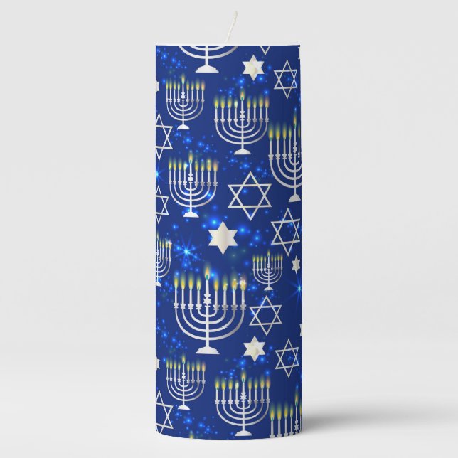 Happy Hanukkah Modern Star Of David Menorah Pillar Candle (Front)
